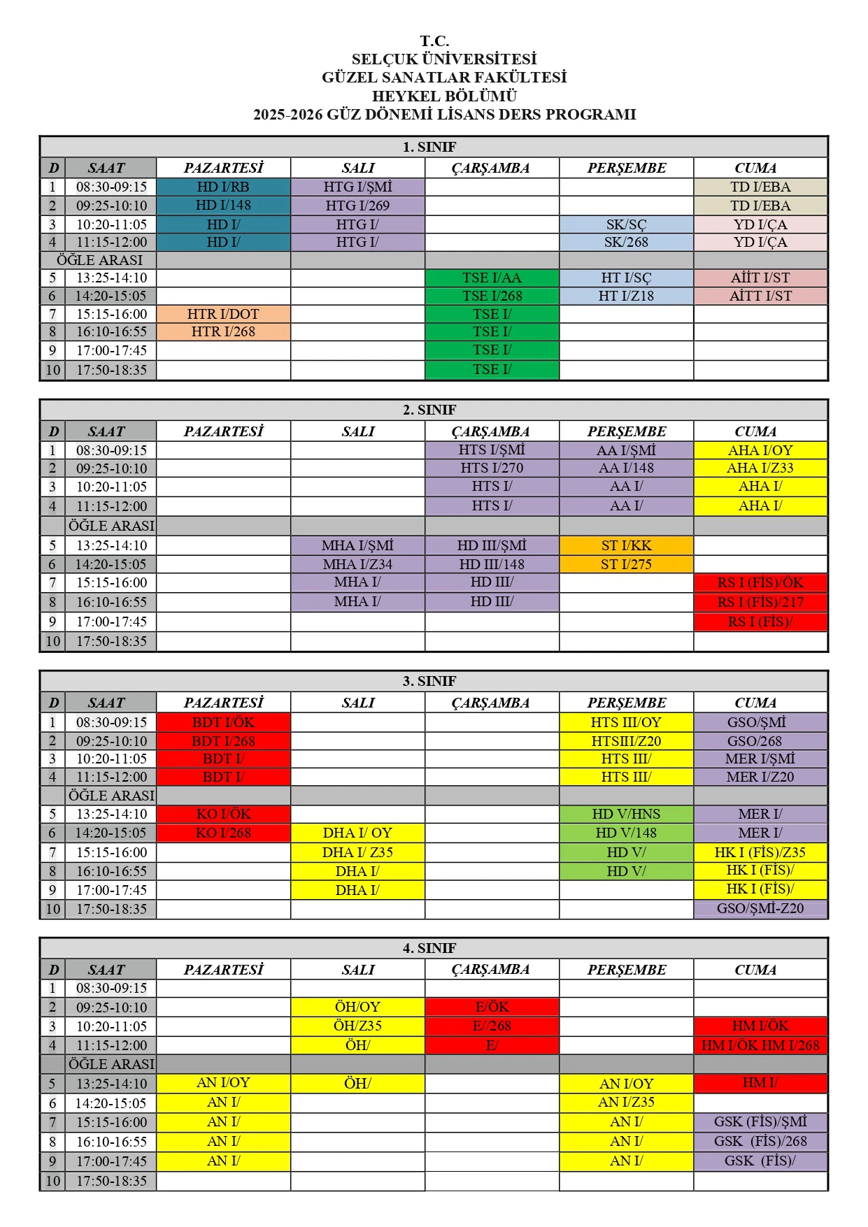 2025-2026 HEYKEL BÖLÜMÜ GÜZ DÖNEMİ DERS PROGRAMI